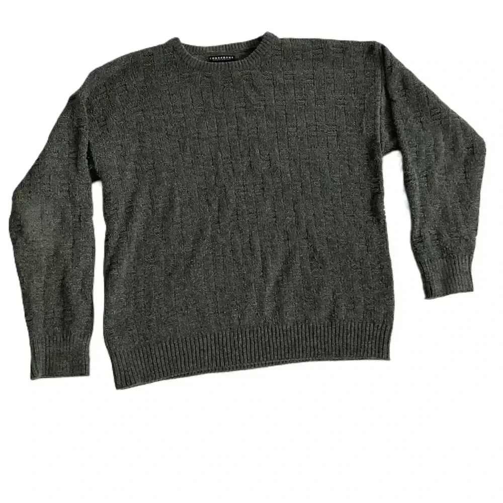 Consensus Sportswear XL Grey Grandpa Sweater Cable Knit Ribbed Cuffs Hem‎